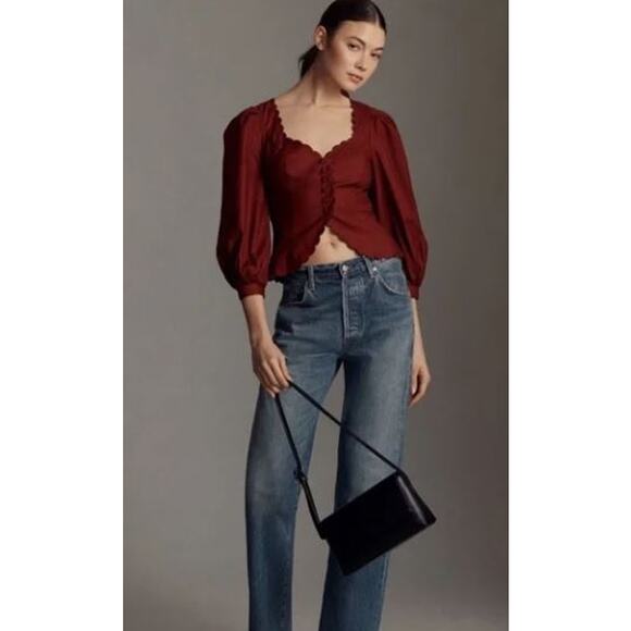 NEW Reformation Elianna Button-Up Blouse Top Cotton Burgundy Red Size 2 - Picture 9 of 15